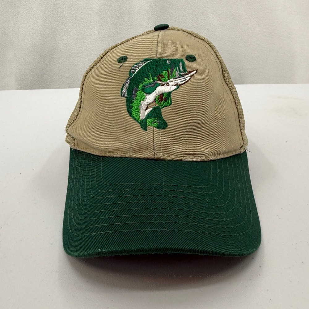 Nissin Trucker Hat Mens OSFA Green Tan Bass Fishing Embroidered Mesh Cap